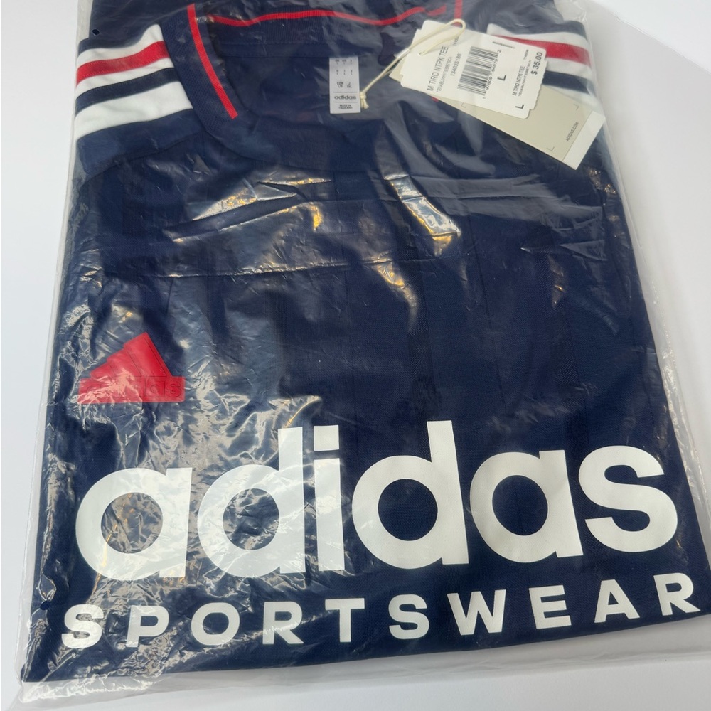 Adidas Blue Tee with Red and White Stripes